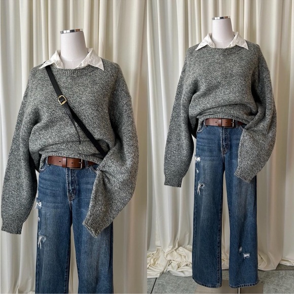 Vintage 90s Lands' End Green Marled Wool Crewneck Sweater |Cozy Grandpacore Knit - Picture 3 of 10